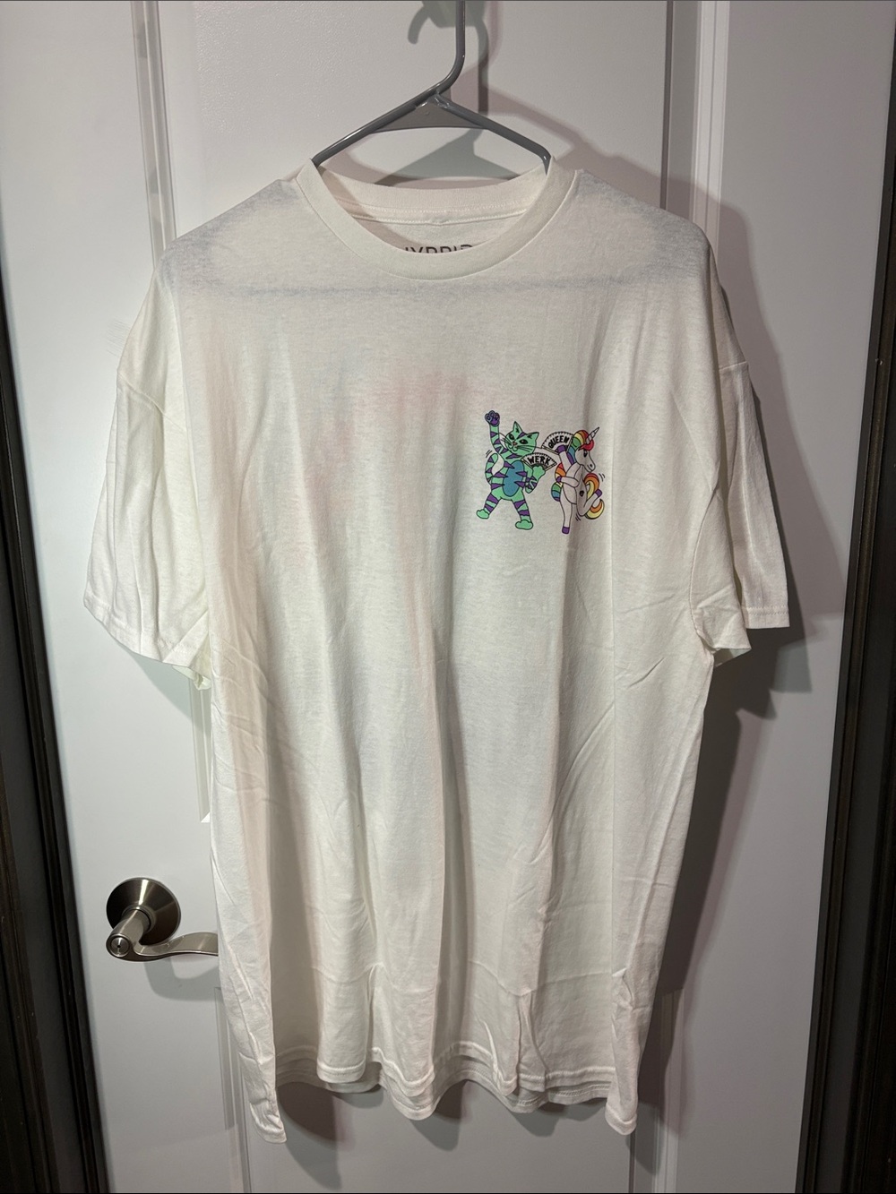 Hybrid Apparel White Short Sleeve Tee with Small Colorful Graphic NWOT
